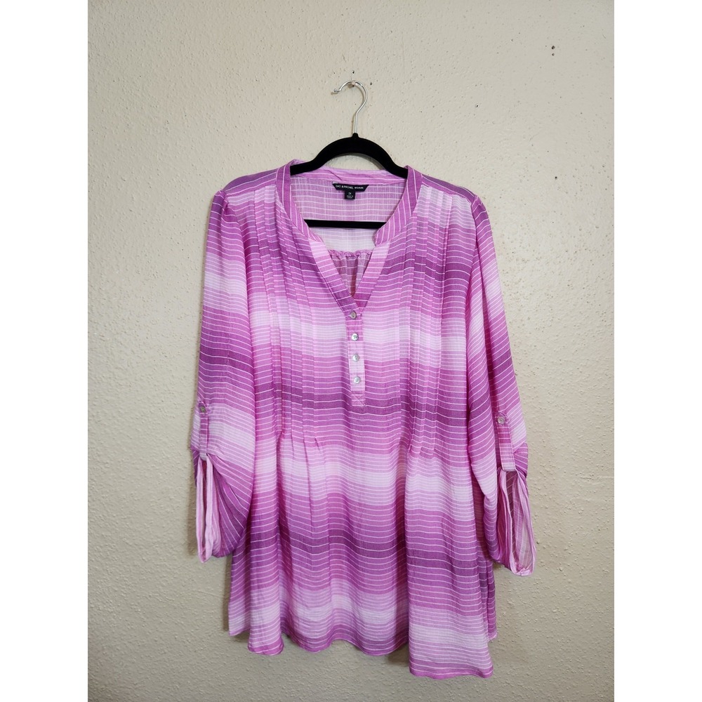 Zac & Rachel Woman 2X Purple Ombre Striped Henley Blouse Roll Tab Sleeve Tunic